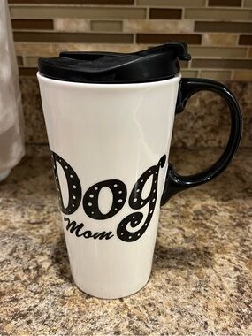 Dog Mom Ceramic Travel Mug - White & Black by Cypress